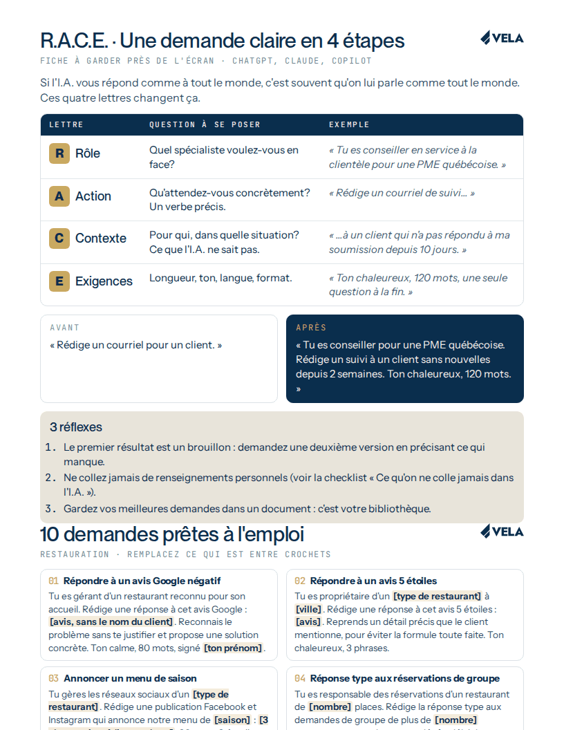 Aperçu de la fiche R.A.C.E. : Rôle, Action, Contexte, Exigences, avec un exemple avant et après